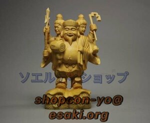 極上品◆ 総檜材 木彫仏像 仏教美術 精密細工 仏師で仕上げ品　三面大黒天立像