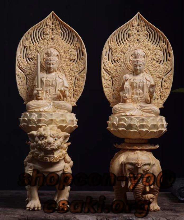 高品質★仏教美術 精密彫刻 仏像 手彫り 極上品 文殊菩薩座像 普賢菩薩座像 高さ約36.5cm