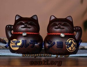 爆売り！黒檀招き猫実木彫刻置物2枚