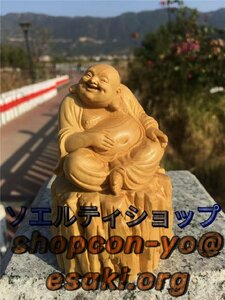 大人気☆木彫りの七福神 布袋さま置物 10cm 高級天然ツゲ木彫り 布袋様 風水 仏像 コレクション 金運 置物