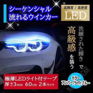 シーケンシャルウインカー ライトブルー/アンバー シリコンチューブ 60cm 流れるウインカー LEDテープ オープニング機能付き 送料無料