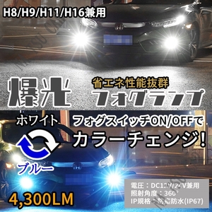 2色切替式 ブルー ホワイト LED フォグランプ H8 H11 H16 フォグライト 12V 24V 最新LEDチップ 今だけ価格