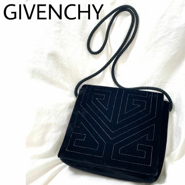 希少美品【GIVENCHY】ベロア ショルダーバッグ ４Ｇロゴステッチ 黒