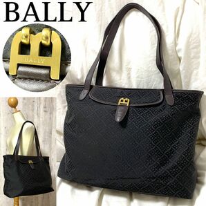 美品【BALLY】真鍮Ｂロゴ金具 本革×ナイロン トートバッグ 総柄 大容量