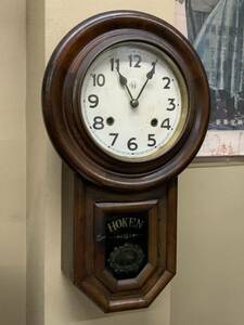 R28m1 昭和レトロ HOKEN ゼンマイ式 掛け時計 アンティーク 柱時計 振り子時計 TOKYO MARK ゼンマイ巻き付き掛時計 古時計 上丸形 