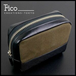  new goods regular price 11,000 jpy ficofi-ko Italian leather x canvas case Mini pouch men's [1238]