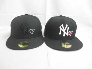 良品 ニューエラ New Era 59FIFTY MLB ニューヨーク ヤンキース 野球帽 キャップ ロゴ刺繍 2点 ブラック 服飾小物