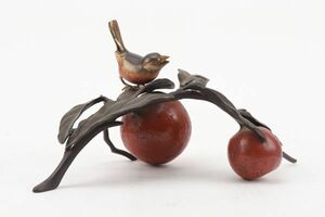 【氷】初だし 高岡銅器 金工師造 銅製彩色 蜜柑に鳥 止まり木 置物 床飾 AJ