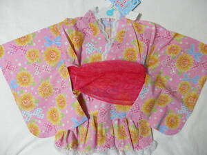 新品 ￥2979 帯付き 3点セット 浴衣ドレス 120cm スカート 子供用 女の子 リボン 花柄 ひまわり ピンク リボン