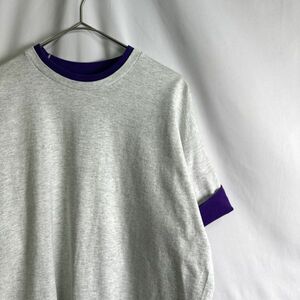 90s USA製 FRUIT OF THE LOOM アーム ダブルフェイス Tシャツ XL グレー パープル ツートン シングル フルーツオブザルーム 80s ビンテージ