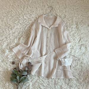 ② unused with translation glitzern cut Work race . feather woven over shirt tunic cream M