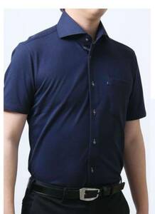 ストレッチ半袖ワイシャツ 紺ネイビー 形態安定 スリム M ホリゾンタルフレンチ メンズウーノ