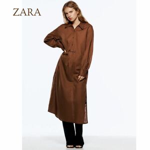 【未使用】タグ付き ZARA ザラ ワンピース リネン コットン ブラウン ゆったりシルエット Mサイズ 未使用 レディース Ａ5440