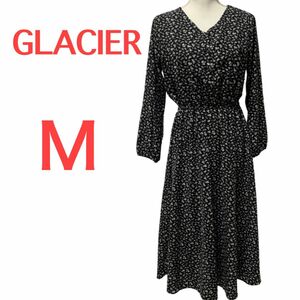 【美品】GLACIER☆花柄ミモレ丈ワンピース☆前ボタン☆ウエストゴム☆黒＆白