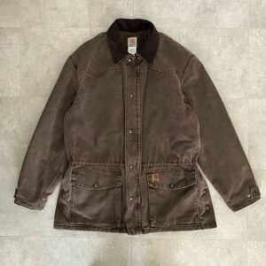 ●90s【USED】Carhartt カーハート ダック地 ウエスタンヨーク カバーオールジャケット/濃茶/裏ウールチェック/size(L)アメカジ/古着 