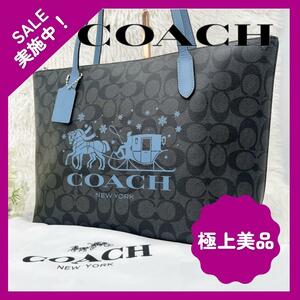 【未使用に近い】COACH シグネチャー キャンバス ホースアンドスレイ トートバッグ