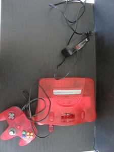 KU472 Nintendo 64 body red skeleton controller, power supply adaptor attaching .