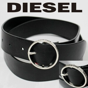 新品 DIESEL ディーゼル バックルサイドロゴ刻印 ユニセックス シングルピンバックルベルト 黒　Ｋ3605