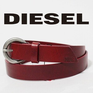 新品 DIESEL ディーゼル ロゴ刻印 ユニセックス ヴィンテージ シングルピンバックルベルト 赤　Ｋ3603