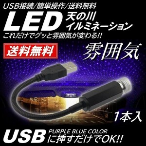 【送料無料】1本 LED イルミネーションライト 青紫 天の川ライト USB給電 ネオン 複数発光 星空投射 雰囲気 車内装飾 高輝度
