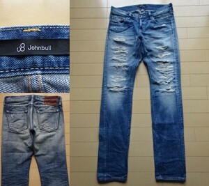 【JOHNBULL】ユーズド・ダメージ加工 リメイクジーンズ インディゴブルー SIZE:SMALL (ジョンブル,スキニー)