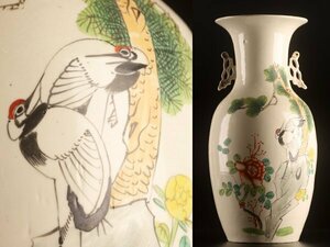 【流】中国美術 色絵鶴松図花瓶 高42.2cm DI005