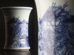 [.] China fine art blue and white ceramics landscape map flower go in vase height 13.7cm TT078