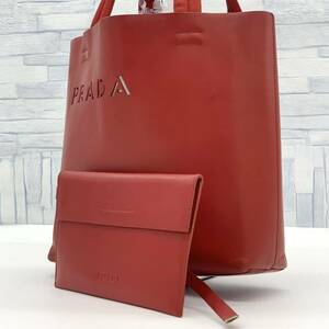 【希少●美品】PRADA プラダ ロゴ 型抜き トートバッグ 肩掛け ビジネス カーフ レザー 本革 ポーチ付き メンズ レディース カットワーク