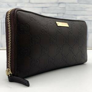 極美品●グッチ GUCCI 長財布 ラウンドファスナー ジップ GGシマ ロゴプレート レザー 本革 ロングウォレット ジッパー メンズ レディース 