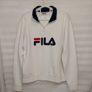 zal-111♪USユーズド★ FILA フィラ レデースハーフジップスウェット ワッペンロゴ ★ホワイトUS-L(日本サイズL)