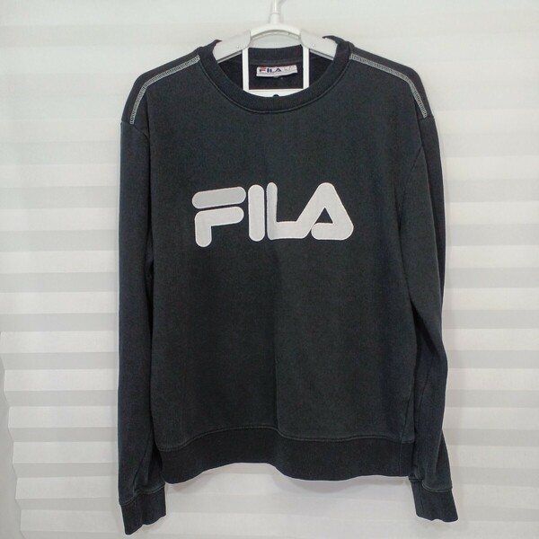 zal-111♪USユーズド★ FILA フィラ レデーススウェット ワッペンロゴ ★ブラックUS-L(日本サイズL)