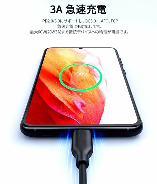 スマートフォン 急速充電通信対応ケーブル 60W USB Type-C to Type-C PD対応