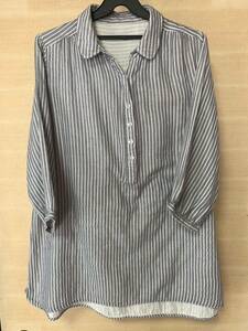  used lady's W gauze tunic blouse 7 minute sleeve LL cotton 100% white black stripe 