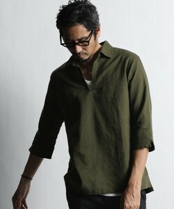 The DUFFER of ST.GEORGE LINEN BLEND 3Q SKIPPER SHIRT 綿麻素材 7分袖 カーキ サイズXL 