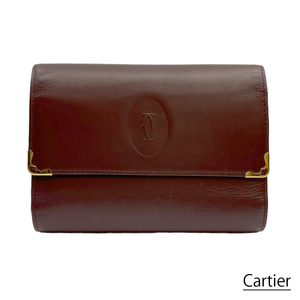 Cartier カルティエ マストライン 3つ折財布 三つ折り財布 がま口 レザー ボルドー ゴールド金具