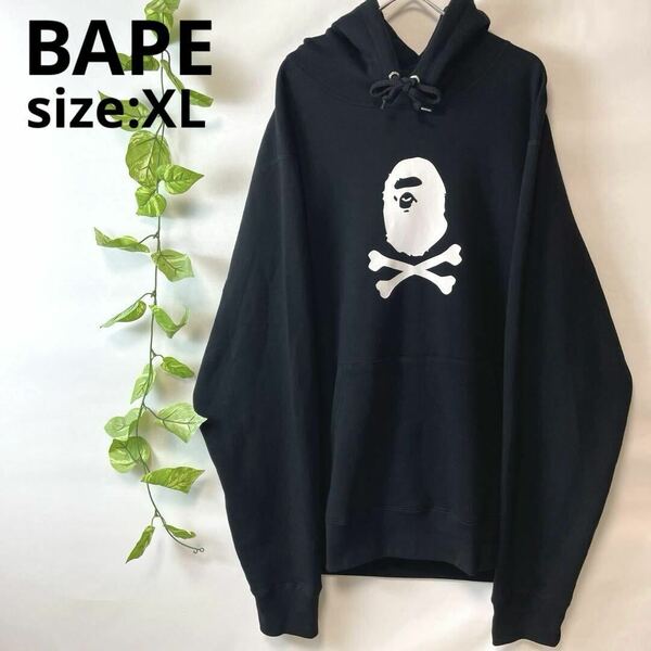 未使用/希少XL/A BATHING APEアベイシングエイプ/BAPE ベイプ/プルオーバー パーカー/カレッジロゴ サル 黒白ブラックホワイト メンズ