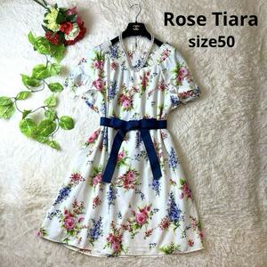 大きいサイズ★Rose Tiara　ローズティアラ　ワンピース　50 4L 3XL 　リボン　花　バラ　総柄　白　紺　Ａライン　フレア　半袖　春夏　