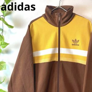 最高デザイン/好配色/極美品/adidas アディダス トラックジャケット ジャージ アウター 黒タグ 90s 茶色ブラウン イエロー ホワイトL