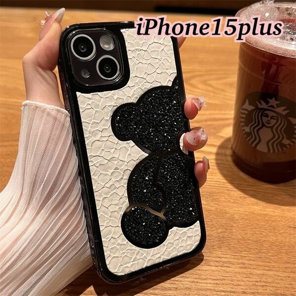 ★iPhone15plus★スマホケース　iPhoneケース　黒　くま　カバー