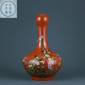 ■観心・時代旧蔵■C4859清雍正 紅地粉彩喜鵲登梅紋蒜頭瓶・時代物・古陶磁・古賞物・旧家買出品