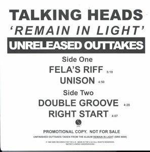 2020年 USプレス12インチ！Talking Heads / 'Remain In Light' Unreleased Outtakes【Sire / PRO-A-1047】David Byrne トーキング・ヘッズ