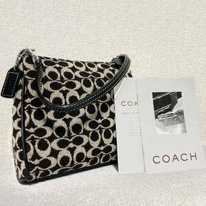 1円スタート！ 未使用保管品 COACH コーチ シグネチャー キャンバス レザー ポーチ ハンドバッグ ミニポーチ ベージュ ダークブラウン 