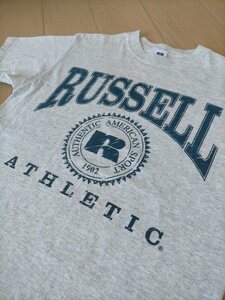 状態良好 90s USA製 ビンテージ Russell Athletic ラッセル ブランドロゴ Tシャツ size-L 霜降りグレー ★アメカジ古着