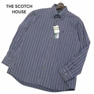 【新品 未使用】 THE SCOTCH HOUSE スコッチハウス ロゴ刺繍★ 長袖 ボタンダウン ストライプ シャツ Sz.L　メンズ ネイビー　I4T01481_4#C