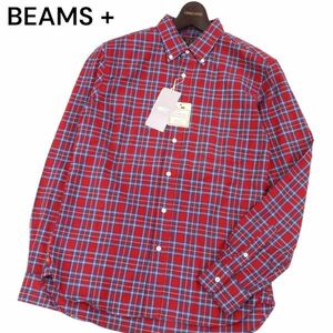 【新品 未使用】 BEAMS + ビームス プラス ボタンダウン★ 長袖 インディゴ タータン チェック シャツ Sz.S　メンズ 日本製　I4T01536_4#C