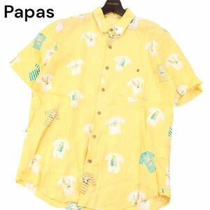 Papas パパス 春夏 Tシャツ総柄★ 麻100% 半袖 ボタンダウン リネン シャツ Sz.50/L　メンズ 日本製　I4T01605_5#A