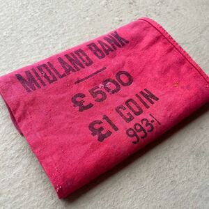 ビンテージ 集金袋 MIDLAND BANK マネーバッグ 銀行USAバンク 古布 ボロ リメイク フードサック 麻袋 グレイン シャビーCapital赤色 布袋