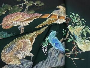 平和屋2■豪華黒留袖　若松葉　休み鳥　雉　手描き　暈し染め　金糸　逸品　DAAB8293ps