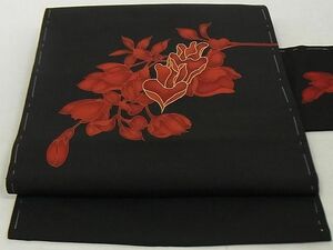 平和屋-こころ店◎塩瀬　九寸名古屋帯　駒刺&#32353;　枝花文　黒地　正絹　逸品　AAAE7590Abw