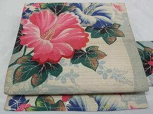  flat peace shop - here . shop # summer thing antique all through pattern 9 size Nagoya obi hand .. embroidery . flower hibiscus Taisho romance silk excellent article AAAE5298Awj